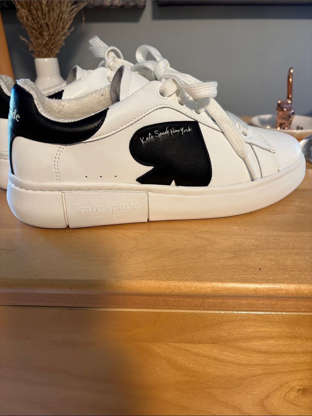 kate spade Charli White Leather Low-Top with Black Heart Logo Sneakers